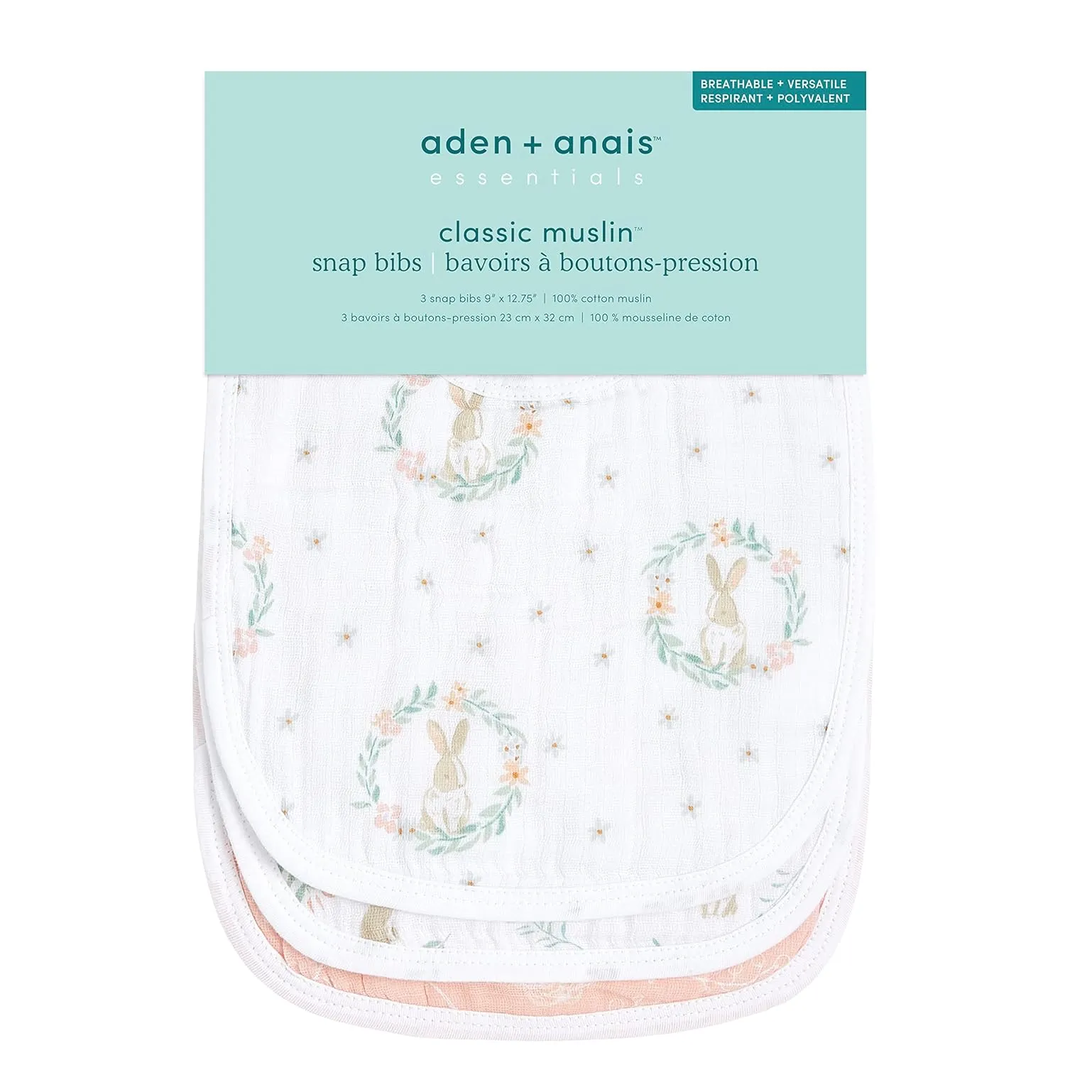 aden   anais Essentials Baby Bibs Soft & Absorbent 100% Muslin Cotton Adjustable Snap Bibs Set for Boys and Girls, 3 Pack, Blushing Bunnies