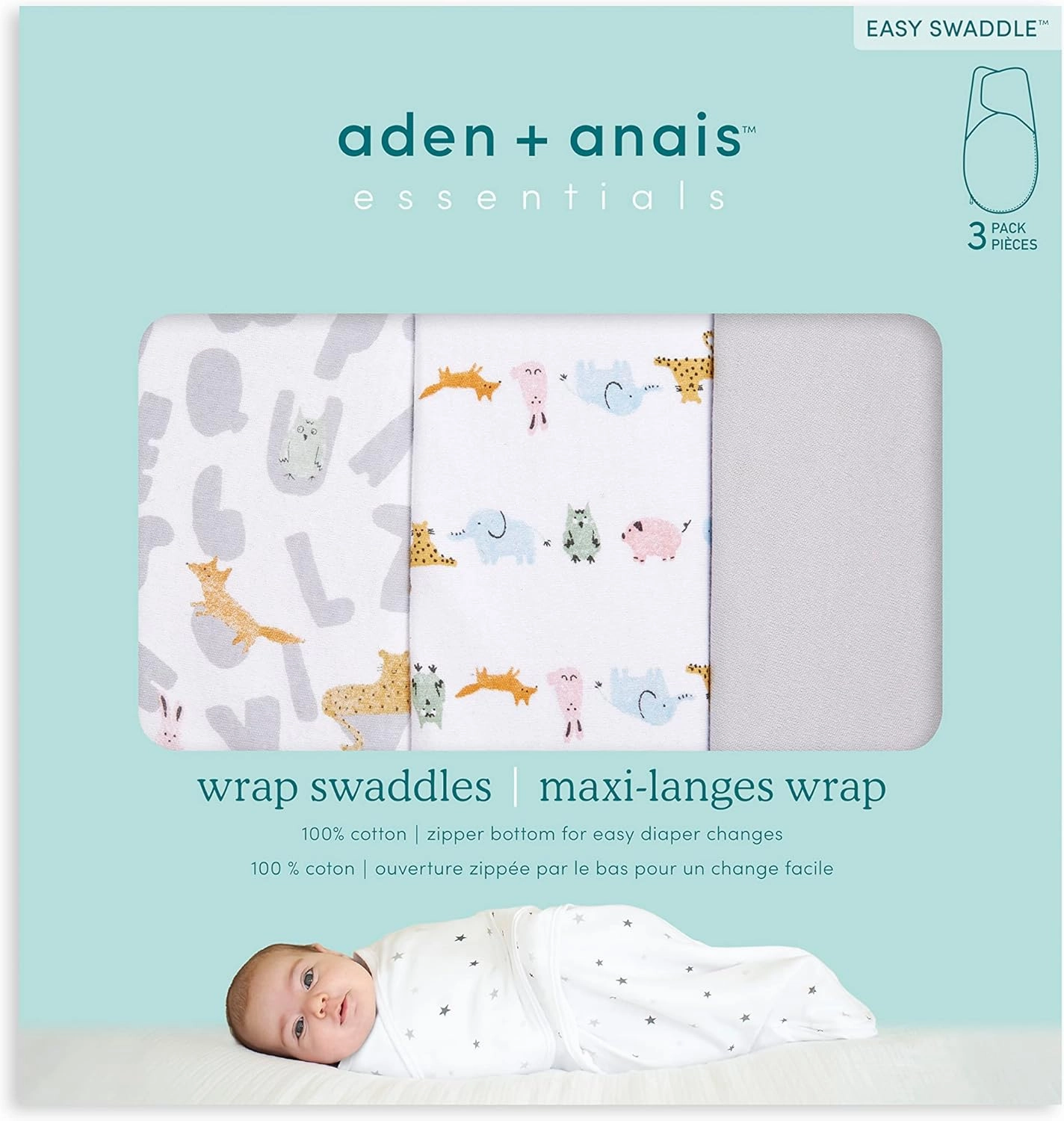 aden   anais Essentials Easy Swaddle Wrap Quick Change with Bottom Zipper, Snug Cotton Knit Baby Wrap Swaddle Blanket for Newborns, TOG 1.0, 3-Pack, Alphabet Animals, 0-3 Months, Small/Medium