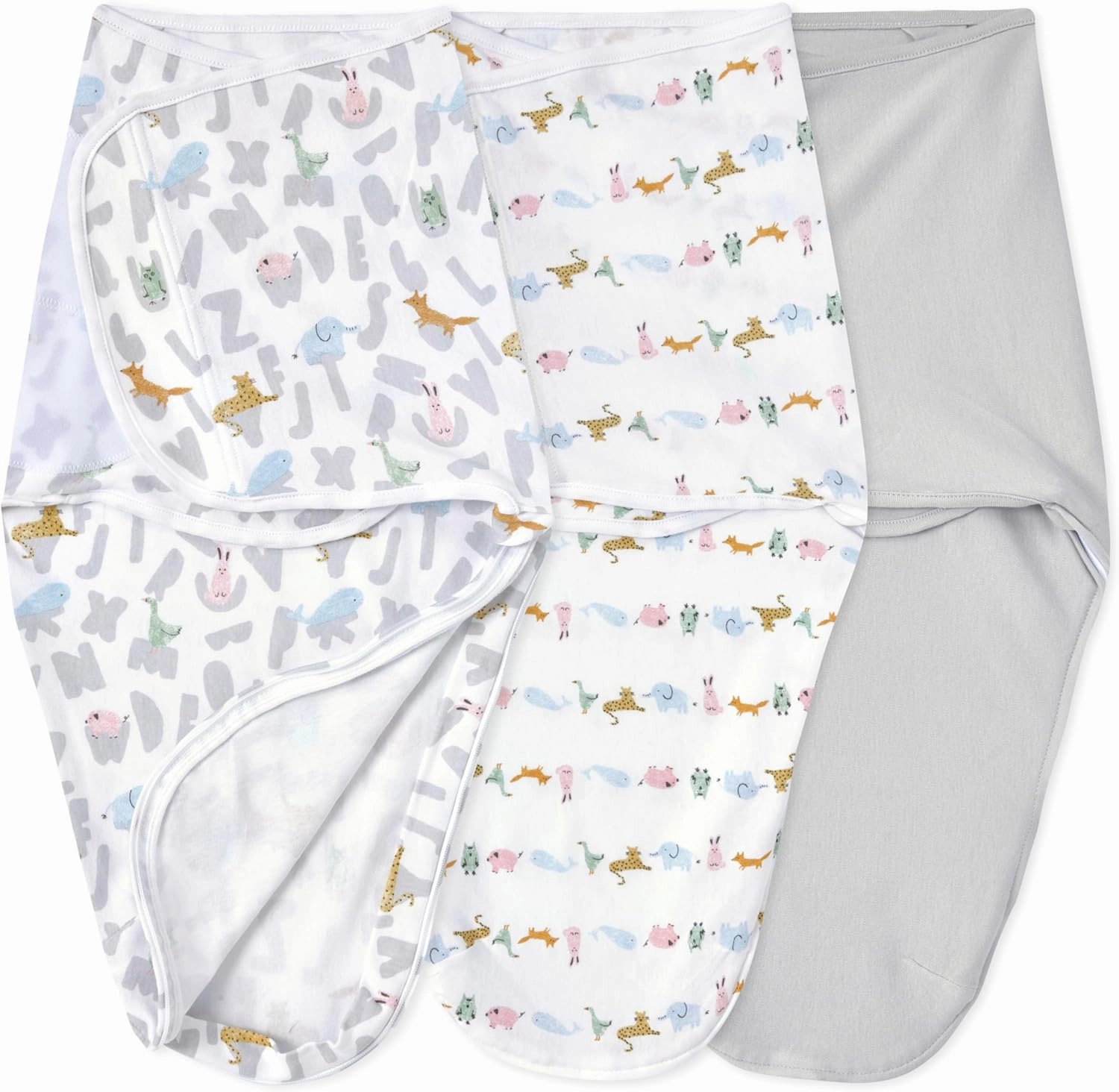 aden   anais Essentials Easy Swaddle Wrap Quick Change with Bottom Zipper, Snug Cotton Knit Baby Wrap Swaddle Blanket for Newborns, TOG 1.0, 3-Pack, Alphabet Animals, 0-3 Months, Small/Medium