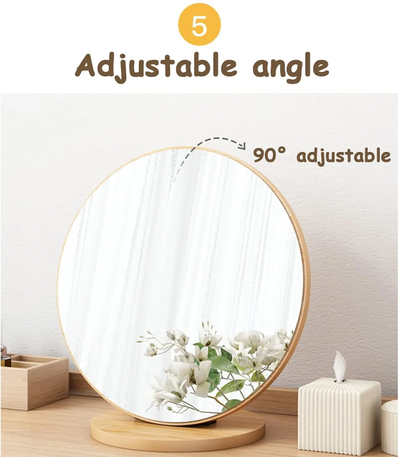 Adjustable Tabletop Vanity Mirror - Wooden Makeup Mirror, High-Definition Desk Mirror, Round Dressing Table Mirror - Portable & Removable - Perfect for Makeup, Bedroom & Travel