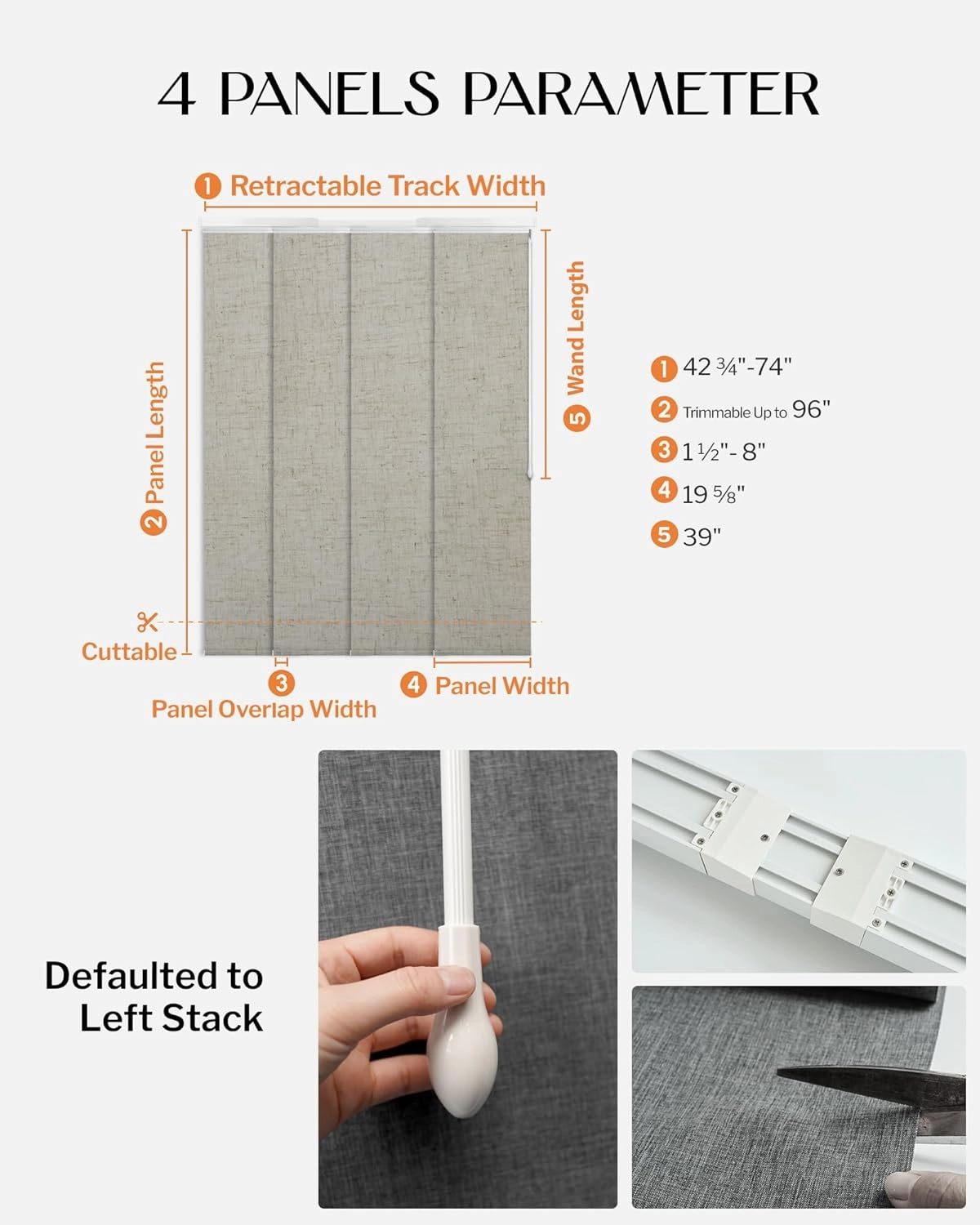 Adjustable Panel Track Blinds Manual Blackout Vertical Blinds for Sliding Door (Dimout - Linen Beige, 74" W x 96" H)