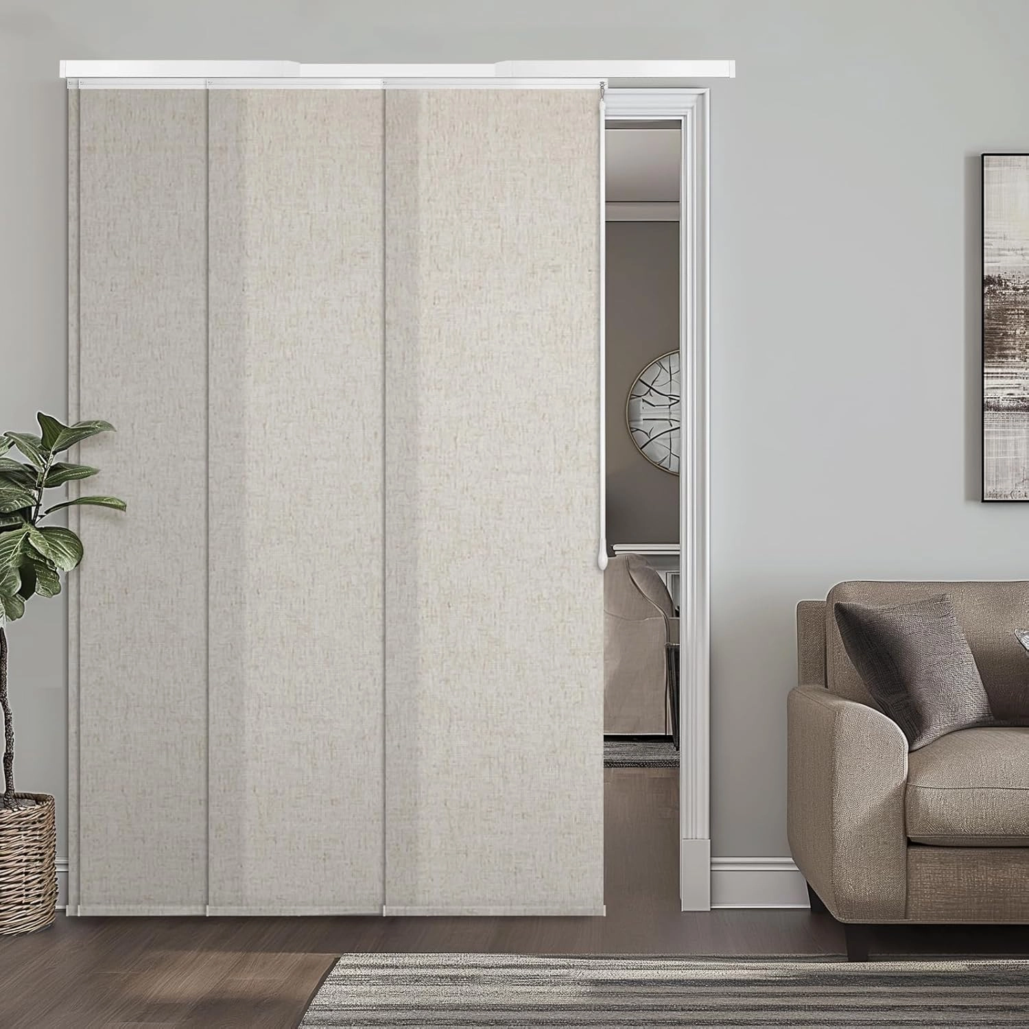 Adjustable Panel Track Blinds Manual Blackout Vertical Blinds for Sliding Door (Dimout - Linen Beige, 74" W x 96" H)