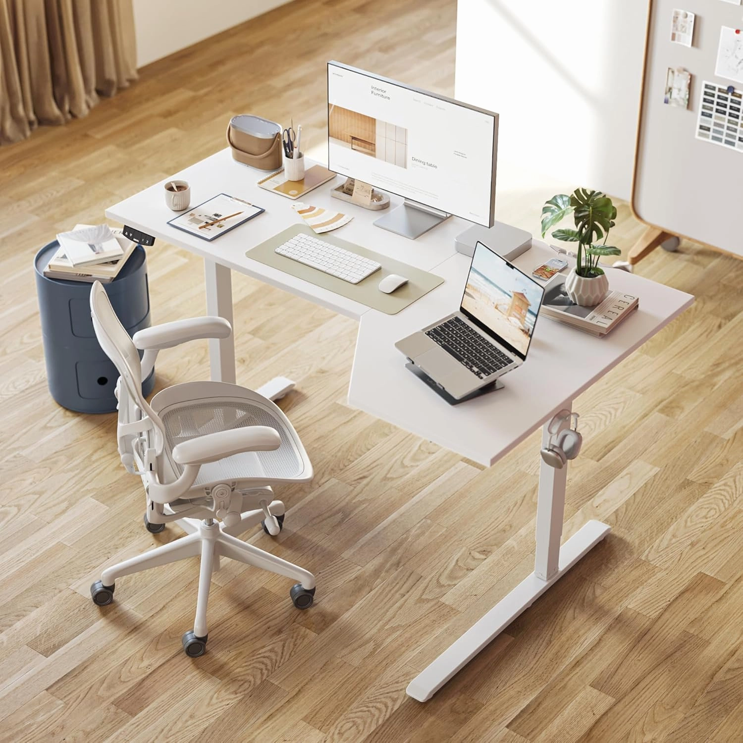 Agilestic L-Shaped Standing Desk, 55 Inch Height Adjustable, Sit & Stand for Home Office, Ergonomic Computer Table with Splice Board, White