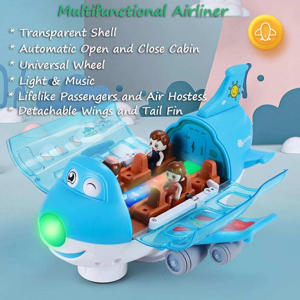 Airliner Musical Model, 360 Rotating Passenger Jet with Lights & Music, Universal Wheels, 1 Air Hostess & 2 Passingengers (Pink)