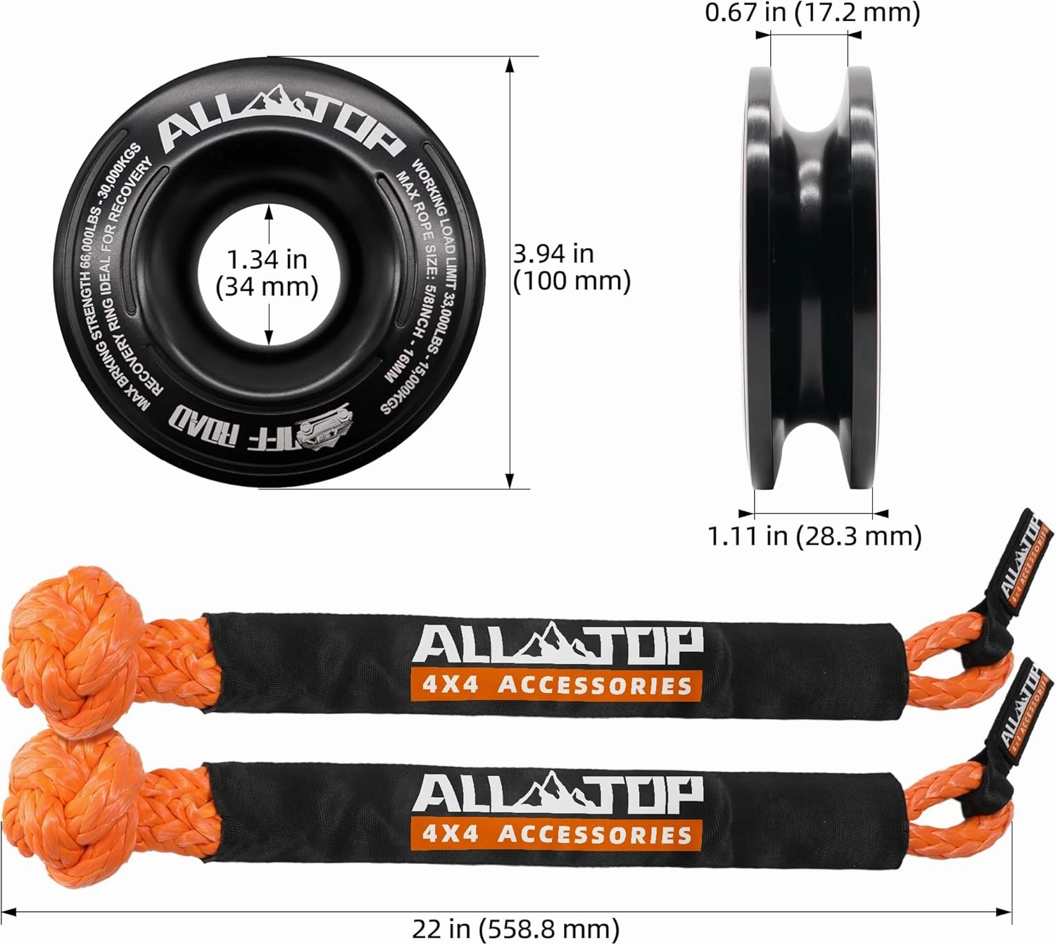 ALL-TOP Synthetic Soft Shackle & Recovery Ring Kit (2PCS 1/2in x 22in - 48300LBS Shackles   1 Snatch Pulley Ring) for Winch Tackle Pulley System