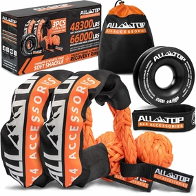 ALL-TOP Synthetic Soft Shackle & Recovery Ring Kit (2PCS 1/2in x 22in - 48300LBS Shackles   1 Snatch Pulley Ring) for Winch Tackle Pulley System