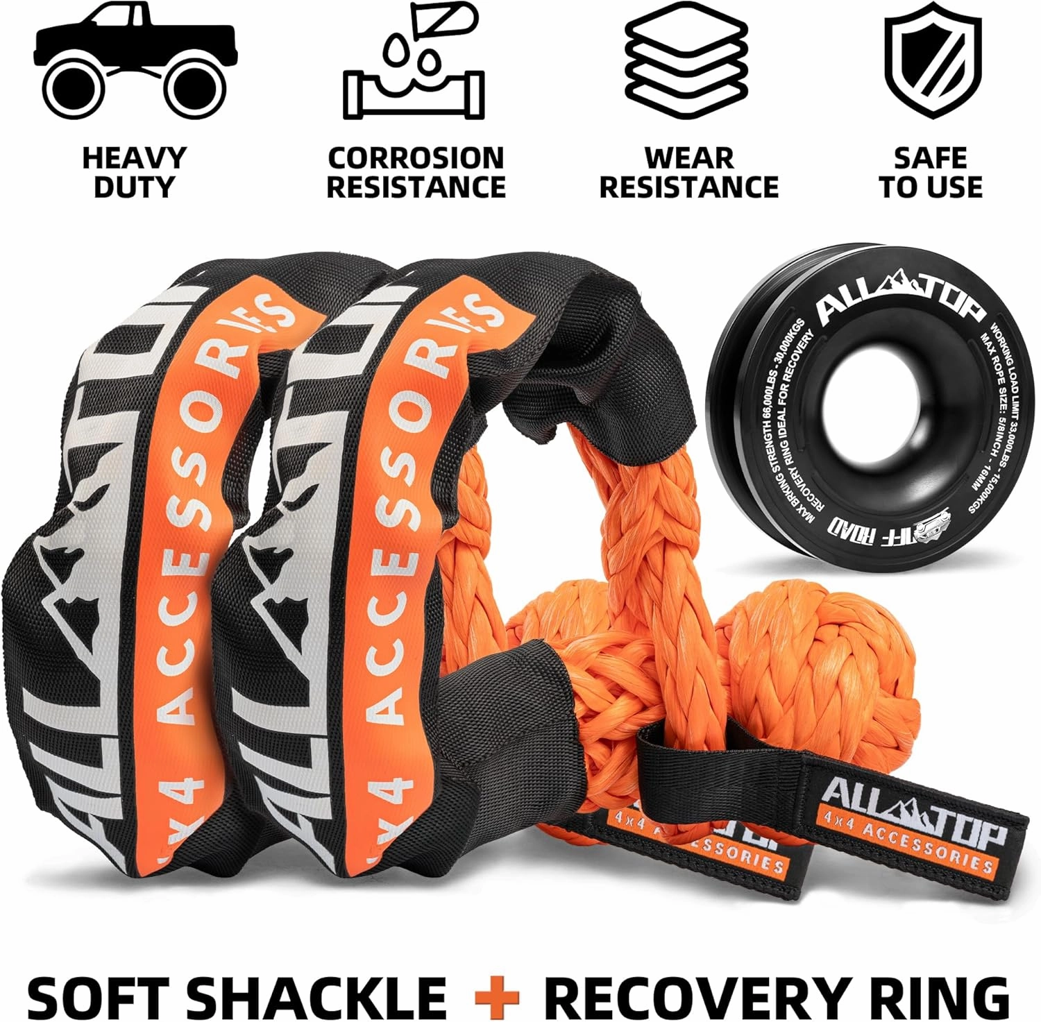 ALL-TOP Synthetic Soft Shackle & Recovery Ring Kit (2PCS 1/2in x 22in - 48300LBS Shackles   1 Snatch Pulley Ring) for Winch Tackle Pulley System