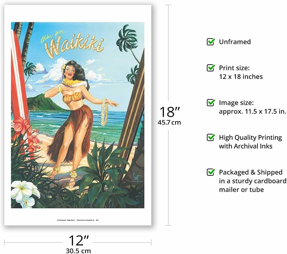 Aloha from Waikiki - Hula Girl Dancer - From an Original Color Painting by Scott Westmoreland - Master Art Print (Unframed) 12in x 18in