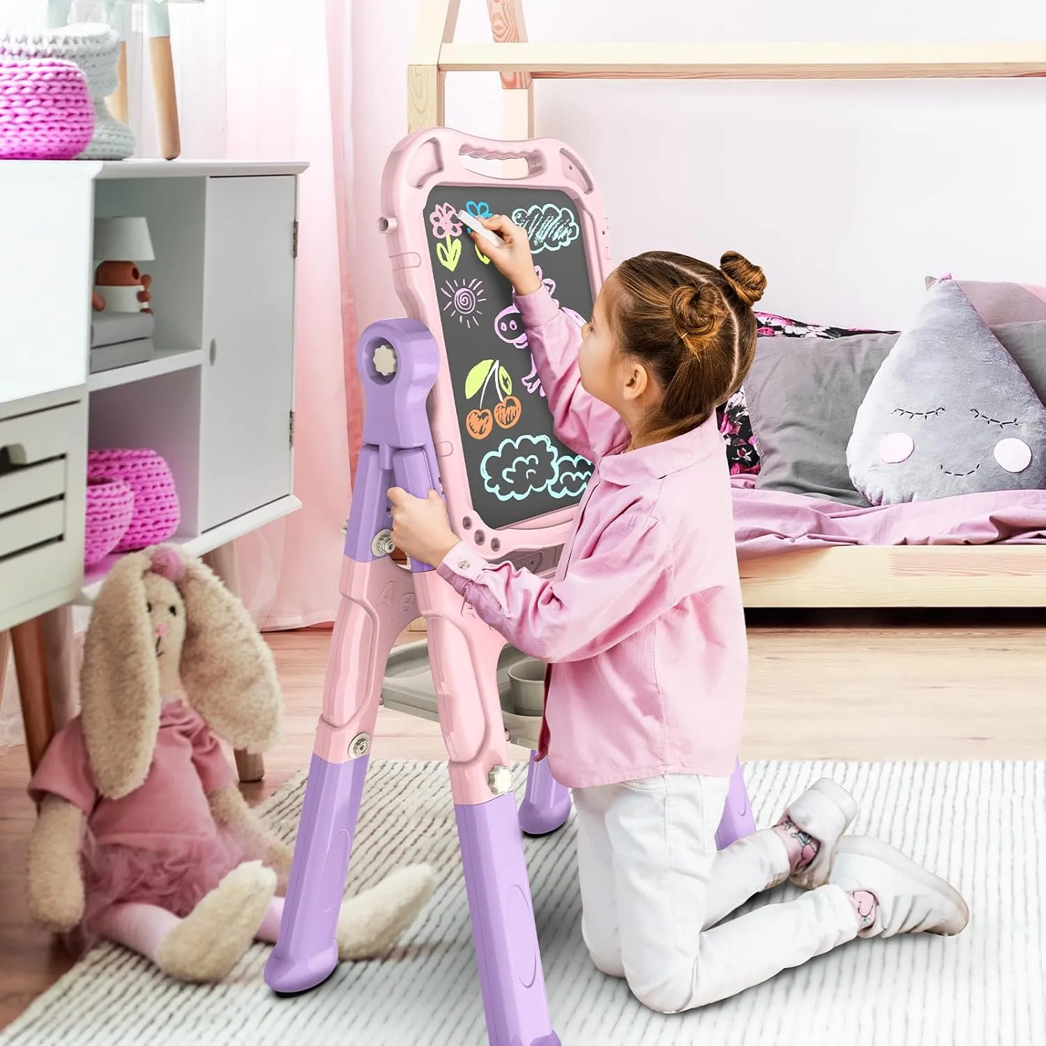 Amagoing Easel for Kids, Adjustable Standing Art Easel for Toddler, Double Side Magnetic Chalk Board with Painting Accessories, Birthday Christmas Gift for Little Boys and Girls, Middle Size Pink