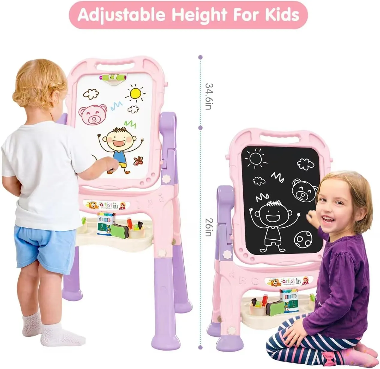 Amagoing Easel for Kids, Adjustable Standing Art Easel for Toddler, Double Side Magnetic Chalk Board with Painting Accessories, Birthday Christmas Gift for Little Boys and Girls, Middle Size Pink
