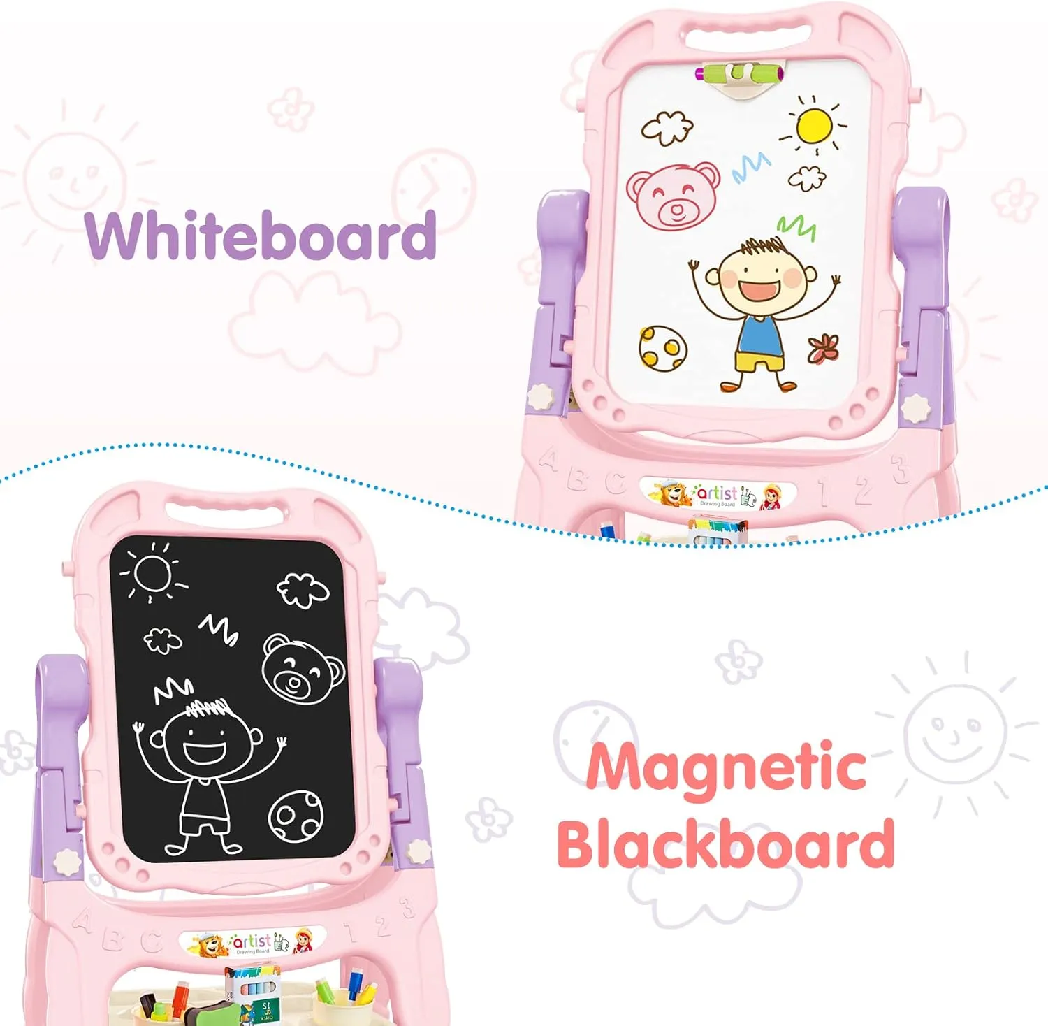 Amagoing Easel for Kids, Adjustable Standing Art Easel for Toddler, Double Side Magnetic Chalk Board with Painting Accessories, Birthday Christmas Gift for Little Boys and Girls, Middle Size Pink