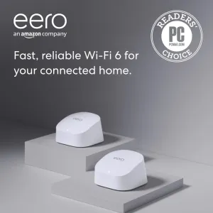Amazon eero 6 mesh wifi system - Supports internet plans up to 500 Mbps, Coverage up to 3,000 sq. ft., Connect 75  devices, 2-pack (1 router   1 extender)