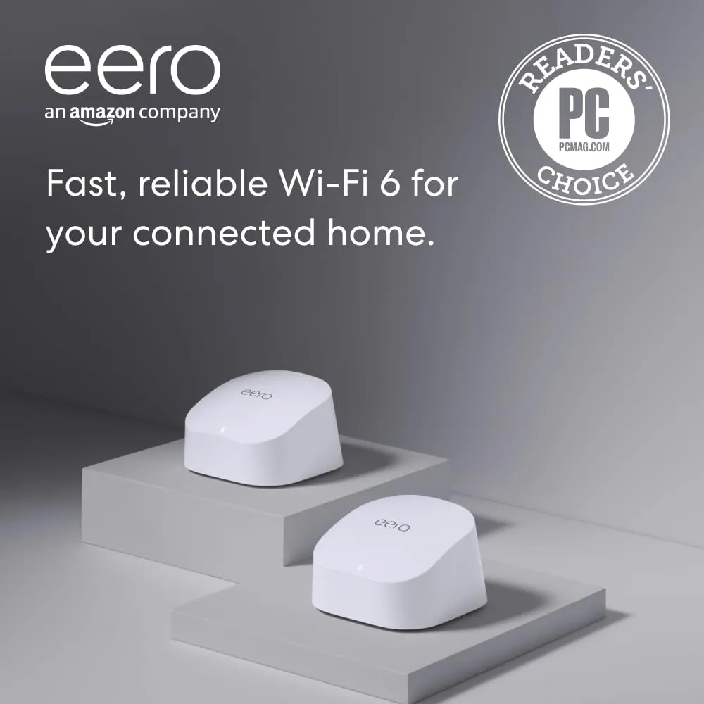 Amazon eero 6 mesh wifi system - Supports internet plans up to 500 Mbps, Coverage up to 3,000 sq. ft., Connect 75  devices, 2-pack (1 router   1 extender)