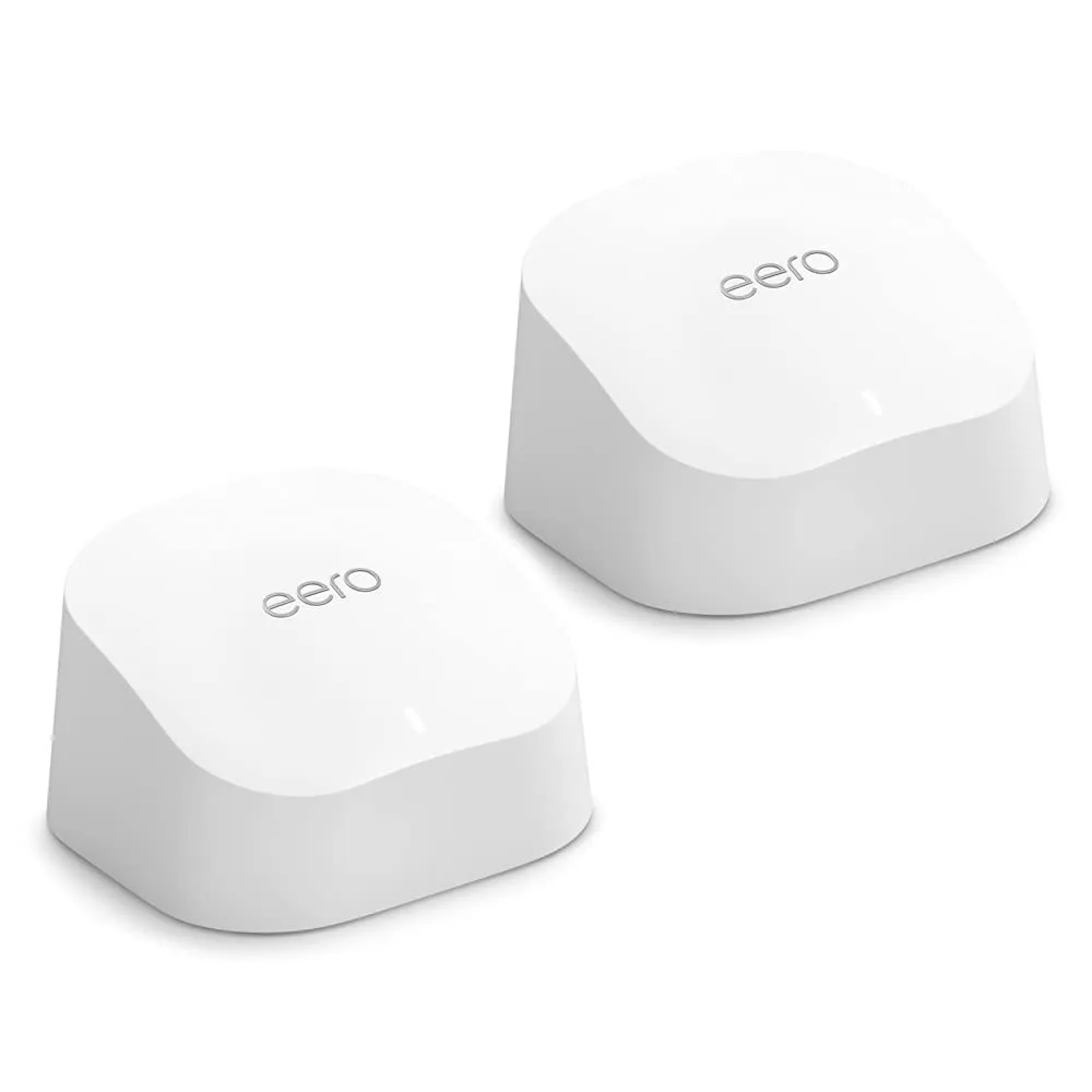 Amazon eero 6 mesh wifi system - Supports internet plans up to 500 Mbps, Coverage up to 3,000 sq. ft., Connect 75  devices, 2-pack (1 router   1 extender)