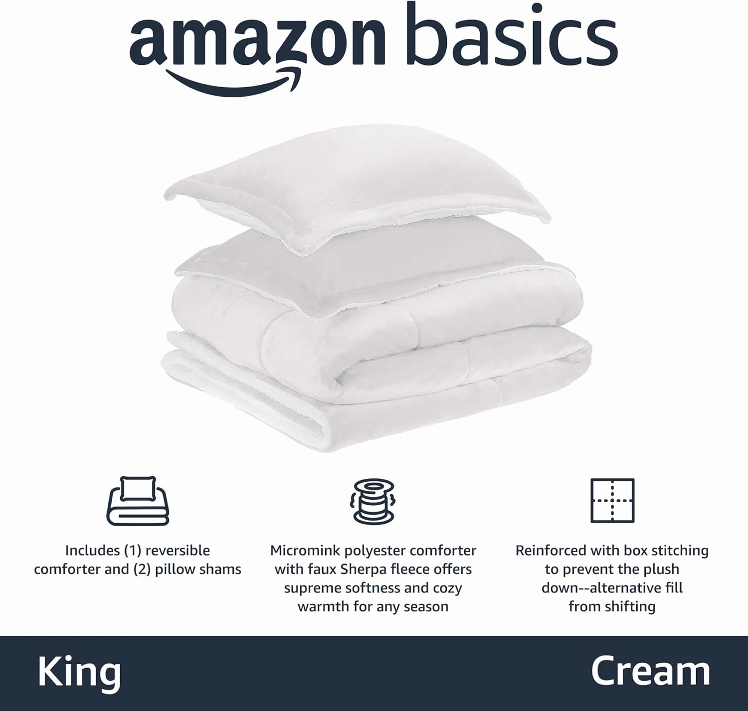 Amazon Basics 3 Piece Bedding Set, Micromink Sherpa, Ultra-Soft, Warm All Season Comforter, King, Cream, Solid