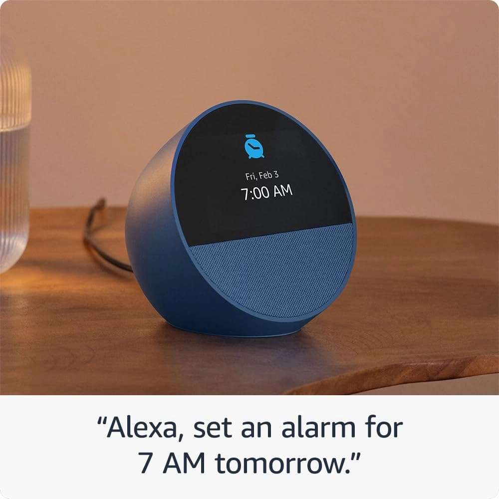 Amazon Echo Spot (newest model), Great for nightstands, offices and kitchens, Smart alarm clock with Alexa, Ocean Blue
