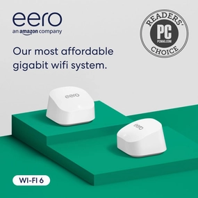 Amazon eero 6  mesh wifi system - Supports internet plans up to a Gigabit, Coverage up to 3,000 sq. ft., Connect 75  devices, 2-pack