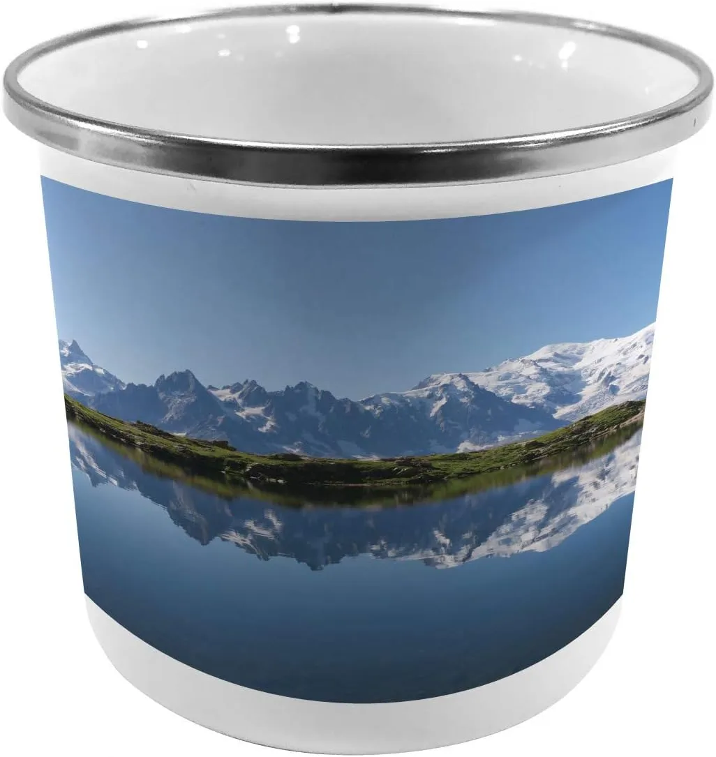 Ambesonne Lake Steel Camping Mug, Mont Blanc Mountain Range Reflected in Cheserys Lake Alps France Panorama, Printed Thermal Cup for Camping and Outdoor Activities, Pale Blue White Green