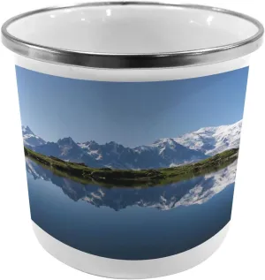 Ambesonne Lake Steel Camping Mug, Mont Blanc Mountain Range Reflected in Cheserys Lake Alps France Panorama, Printed Thermal Cup for Camping and Outdoor Activities, Pale Blue White Green