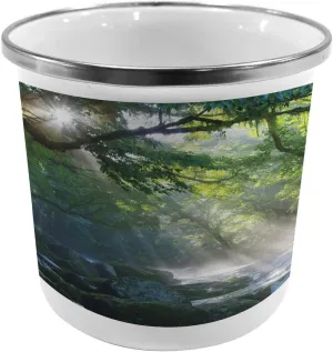 Ambesonne Rainforest Metal Camping Cup, Stream in The Jungle Stones Under Shadows of Trees Sun Rays Mother Earth Theme, Stainless Steel Mug for Indoor and Outdoor Activities, Green White