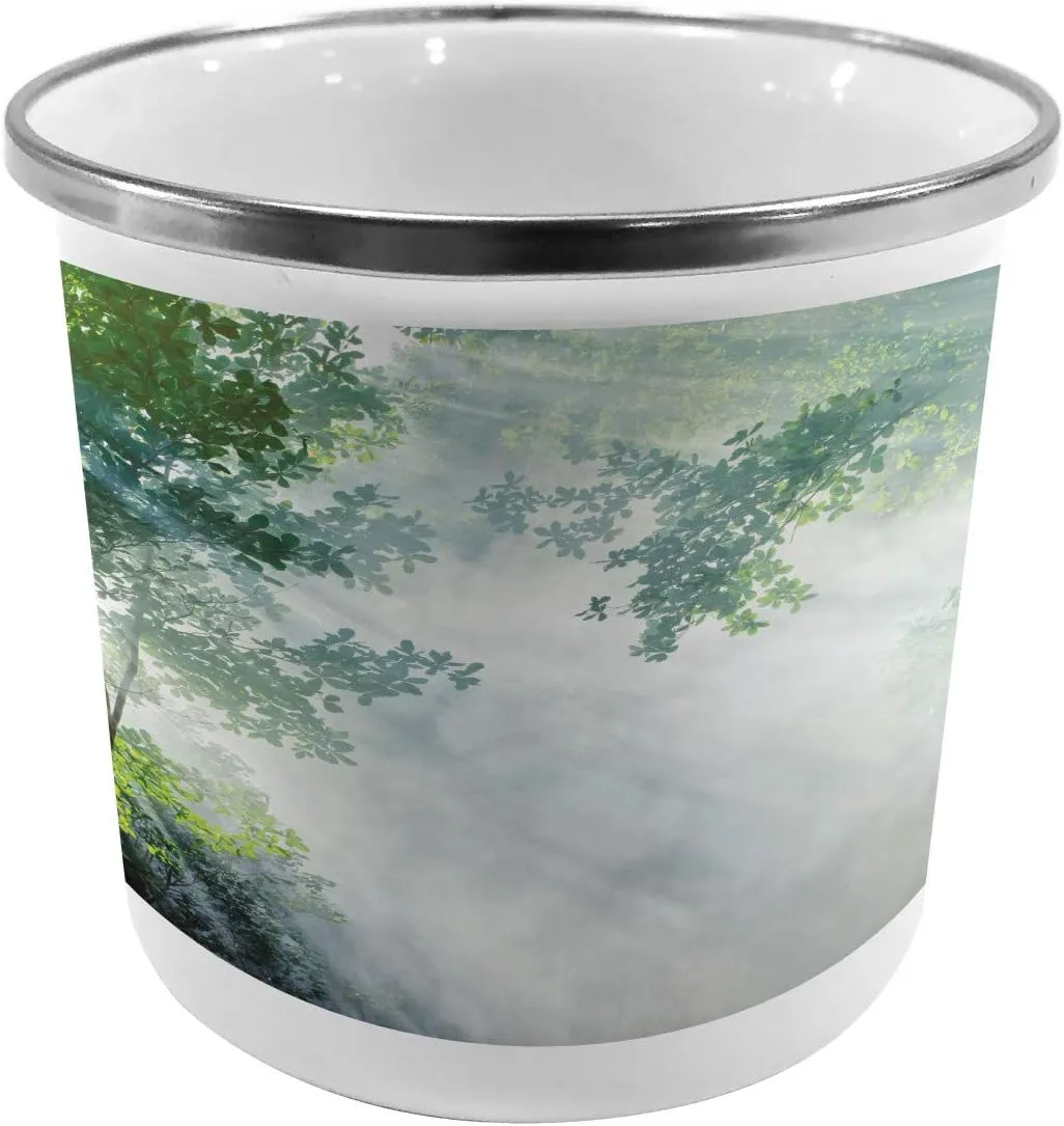 Ambesonne Rainforest Steel Camping Mug, Sunbeam Between Shadows of Trees Idyllic Scenery of Solitude in Jungle Theme, Printed Thermal Cup for Camping and Outdoor Activities, Green White