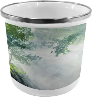 Ambesonne Rainforest Steel Camping Mug, Sunbeam Between Shadows of Trees Idyllic Scenery of Solitude in Jungle Theme, Printed Thermal Cup for Camping and Outdoor Activities, Green White