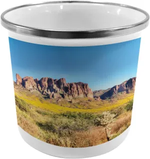 Ambesonne Saguaro Steel Camping Mug, Blooming Brittlebush Superstition Wilderness by The Mountain Phoenix View, Printed Thermal Cup for Camping and Outdoor Activities, Orange and Brown