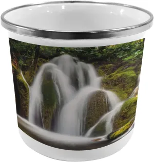 Ambesonne Waterfall Metal Camping Cup, Epic Waterfall Down The Cliffs Deep in Forest Natural Wonders Cascade Picture, Stainless Steel Mug for Indoor and Outdoor Activities, White Green