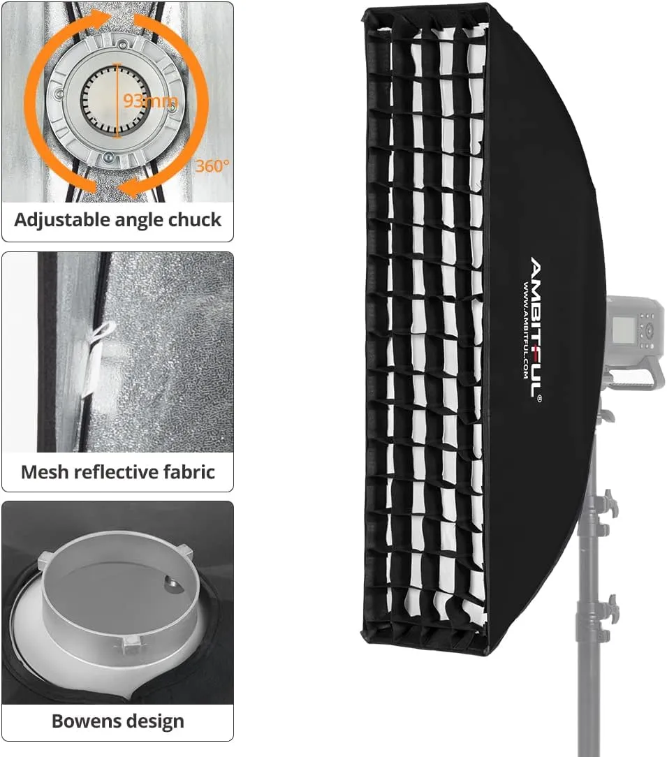 AMBITFUL 2PCS 22x90cm 9"x35" Beehive Honeycomb Grid Strip Softbox Bowens Mount for Studio Flash