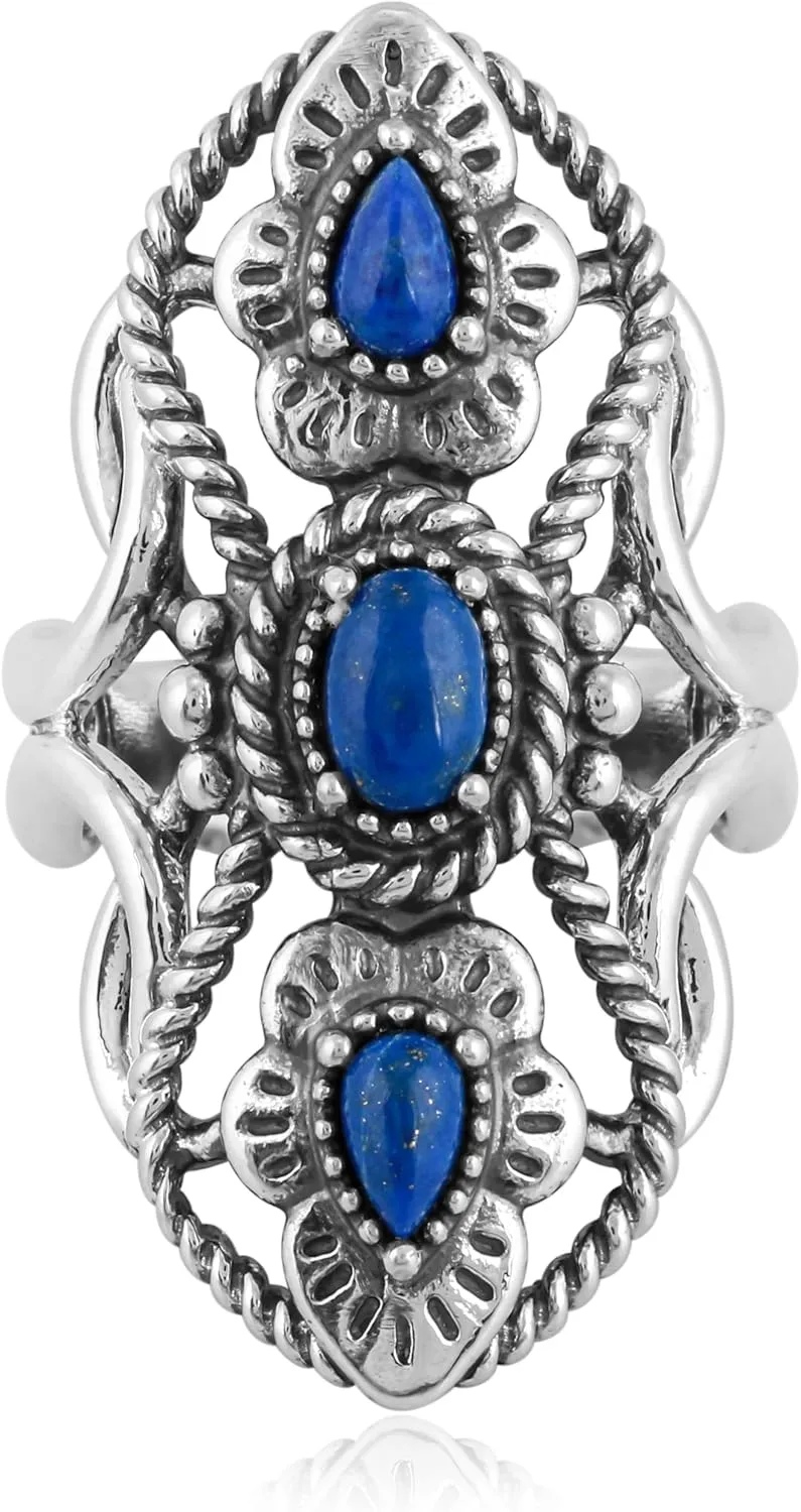American West Jewelry Genuine Gemstone Sterling Silver Elongated Ring Size 5-10
