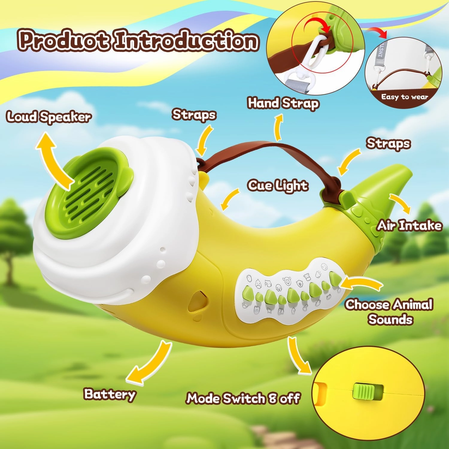 Animal Caller Toys for Kids 3-8, Hunting Toy with 2 Mode 30 Sounds, 5 Levels Lights, Outdoor Discovery Play with 8" Horn Voice Changer Toys for Boys & Girls Ages 3  (Yellow)