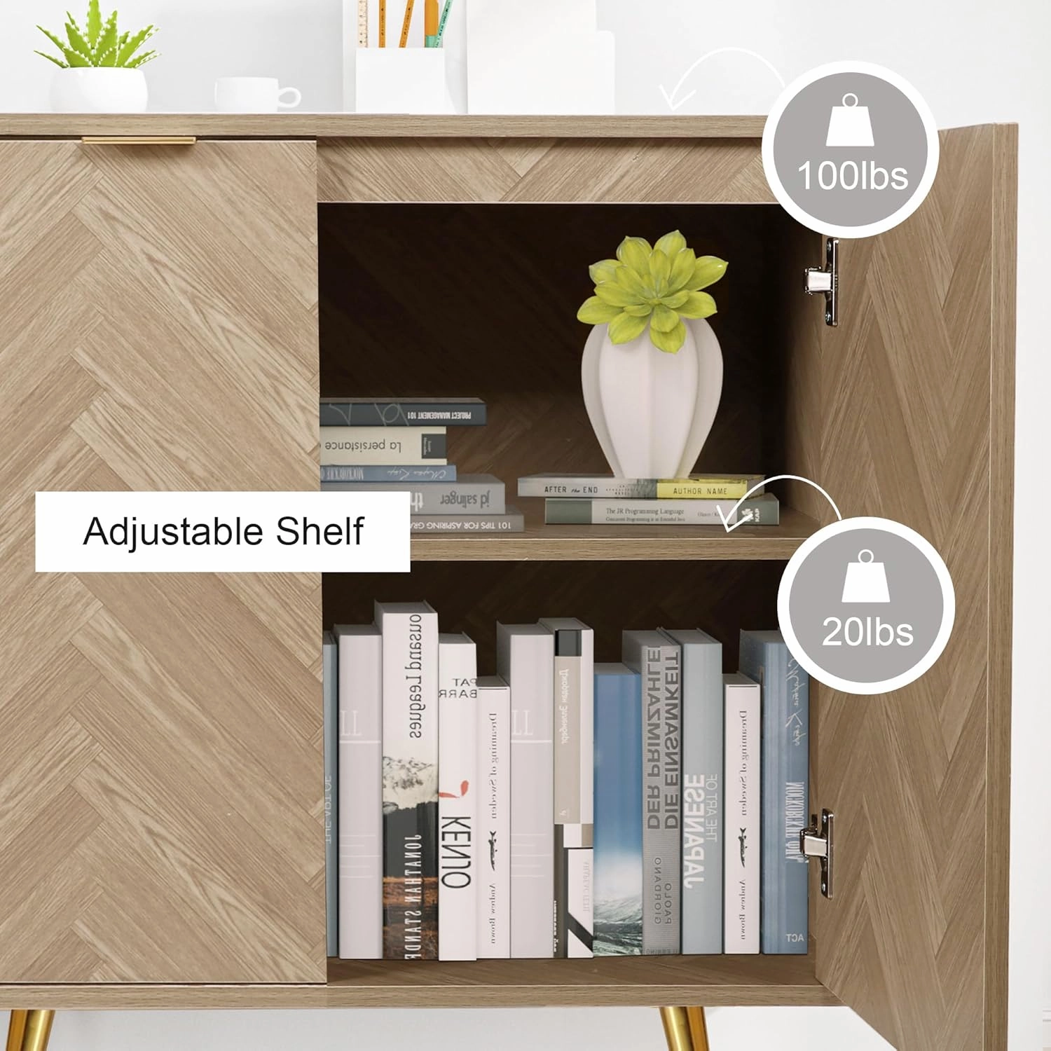 Anmytek Modern Sideboard Buffet Cabinet, Natural Oak Accent Cabinet with 2 Doors and Adjustable Shelf Spaicous Storage Cabinet for Kitchen Hallway, H0058
