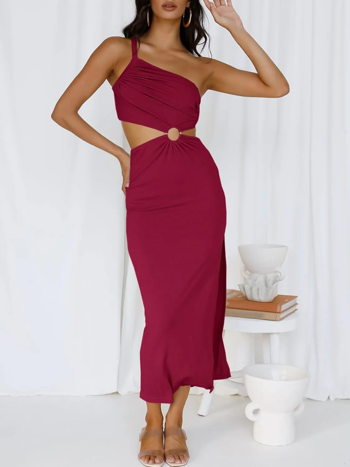 ANRABESS Women Summer One Shoulder Sleeveless Maxi Dress Cutout Sexy Bodycon Semi Formal Dinner Date Vacation Dresses