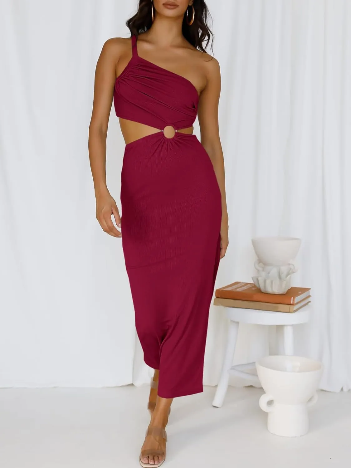 ANRABESS Women Summer One Shoulder Sleeveless Maxi Dress Cutout Sexy Bodycon Semi Formal Dinner Date Vacation Dresses