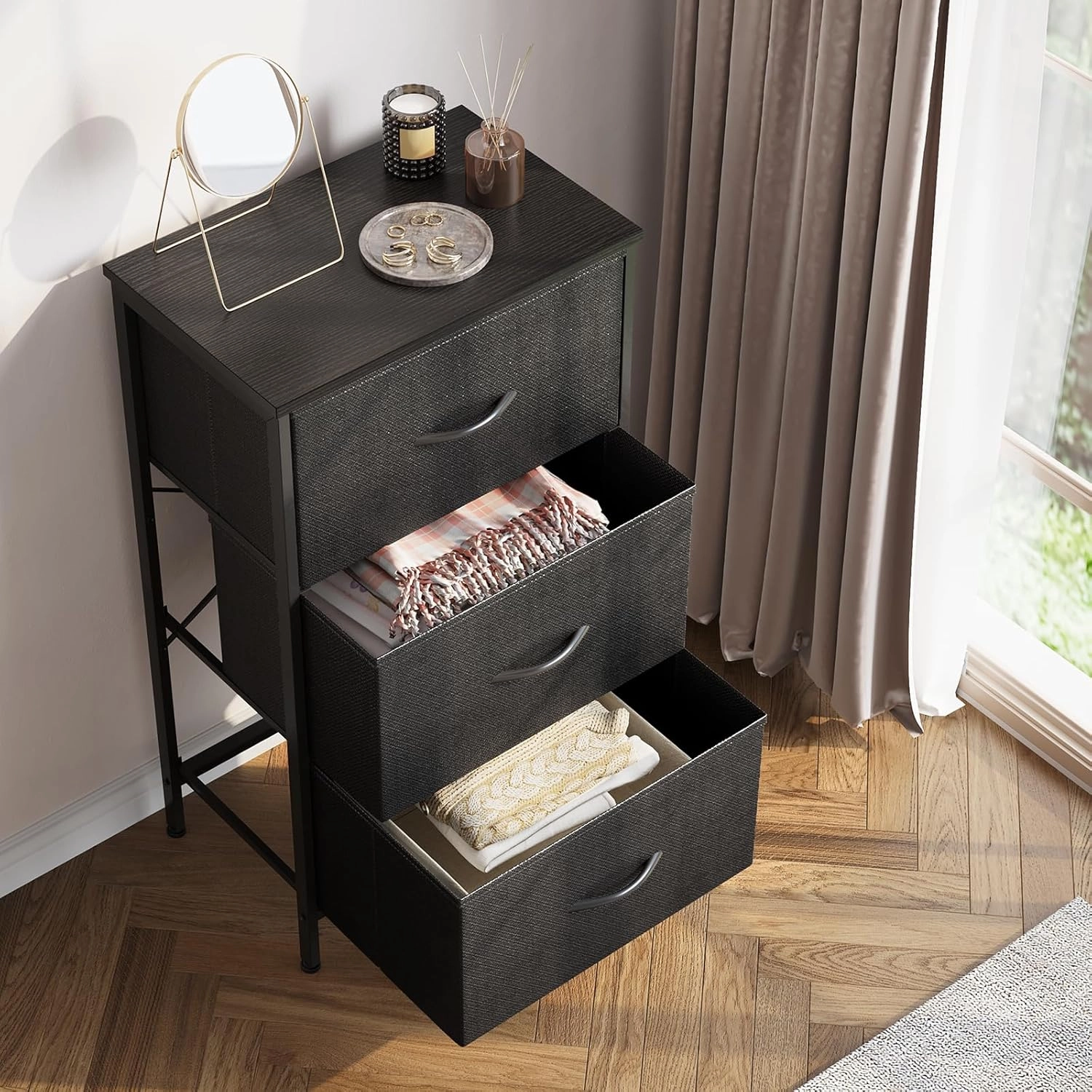 AODK Dresser for Bedroom Nightstand Small Dressers Chest of Drawers End Table for Living Room, Closet Dresser with 3 Storage Drawers Organizer Clothes, Black