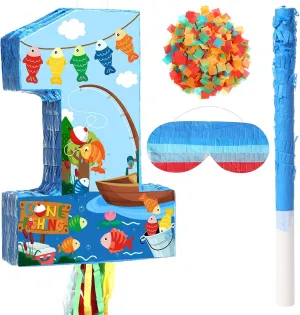 Aoriher Gone Fishing Piñata Ofishally One Birthday Game Set Summer Fishman Piñata Little Fisherman 1st Decoration with Bat Stick for Girl Boy Birthday Gone Fishing Theme Party Supplies Game Decoration