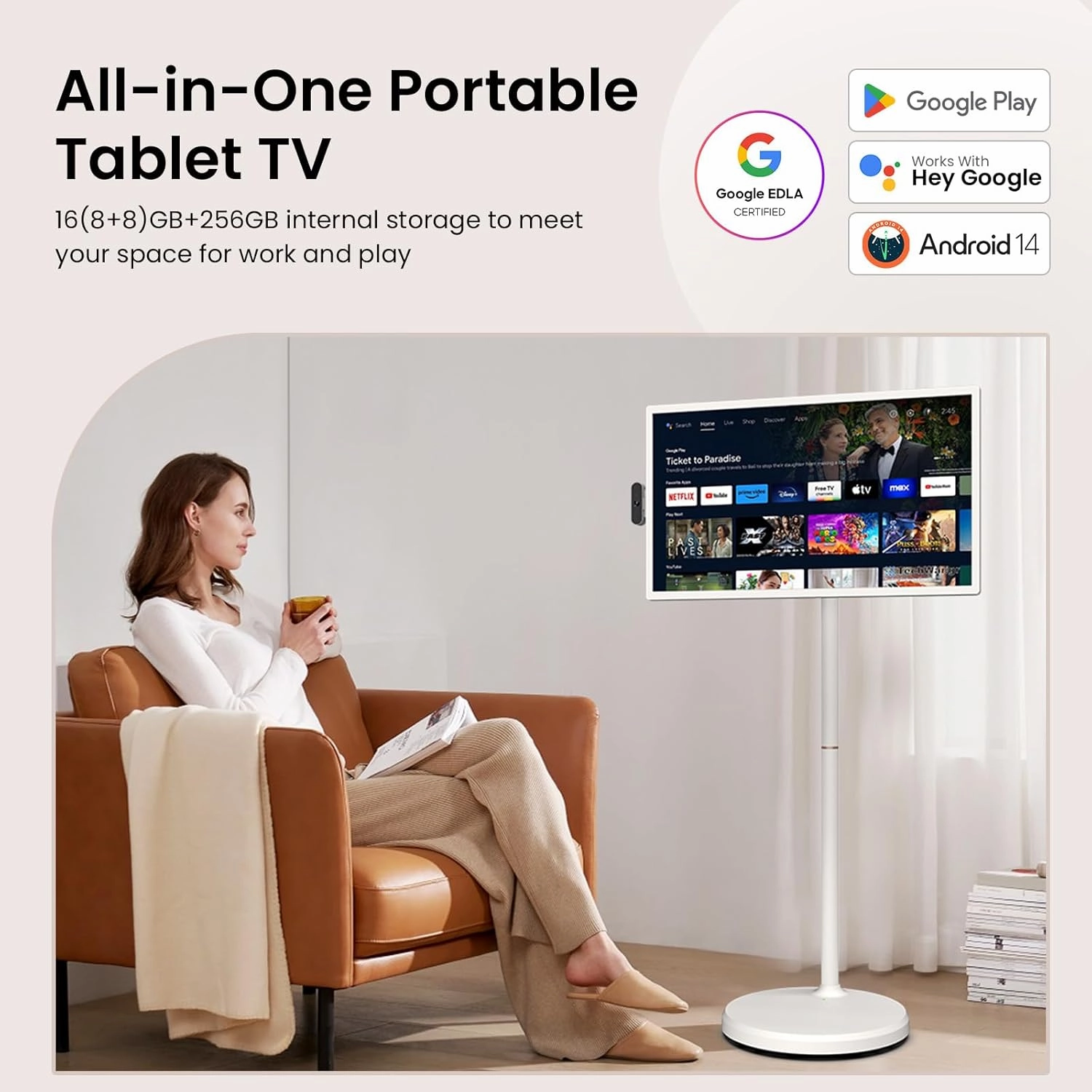 ApoloSign 32'' UHD 4K Smart Portable TV 2nd Gen, 16(8 8) GB RAM 256GB, Android 14, EDLA-Certified, Digital Calendar & Chore Chart, Built-in 9300mAh Battery, Full Swivel Rotation, Voice Remote Control