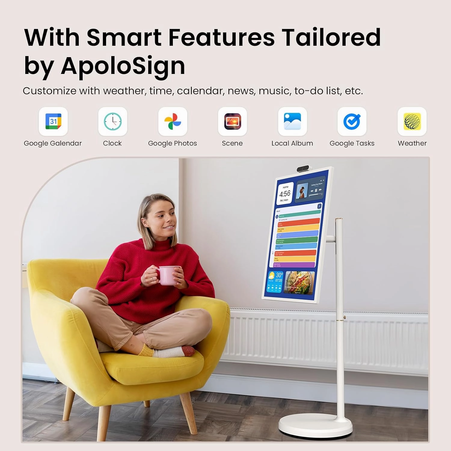 ApoloSign 32'' UHD 4K Smart Portable TV 2nd Gen, 16(8 8) GB RAM 256GB, Android 14, EDLA-Certified, Digital Calendar & Chore Chart, Built-in 9300mAh Battery, Full Swivel Rotation, Voice Remote Control