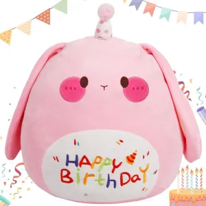 ARELUX Jumbo 18in Cute Bunny Cuddle Plush Soft Stuffed Animal Large Birthday Pillow Kids Huggable Rabbit Plushie Toy Big Size Happy Birthday Party Decoration Plushies Gift for Friends Boys Girls Pink
