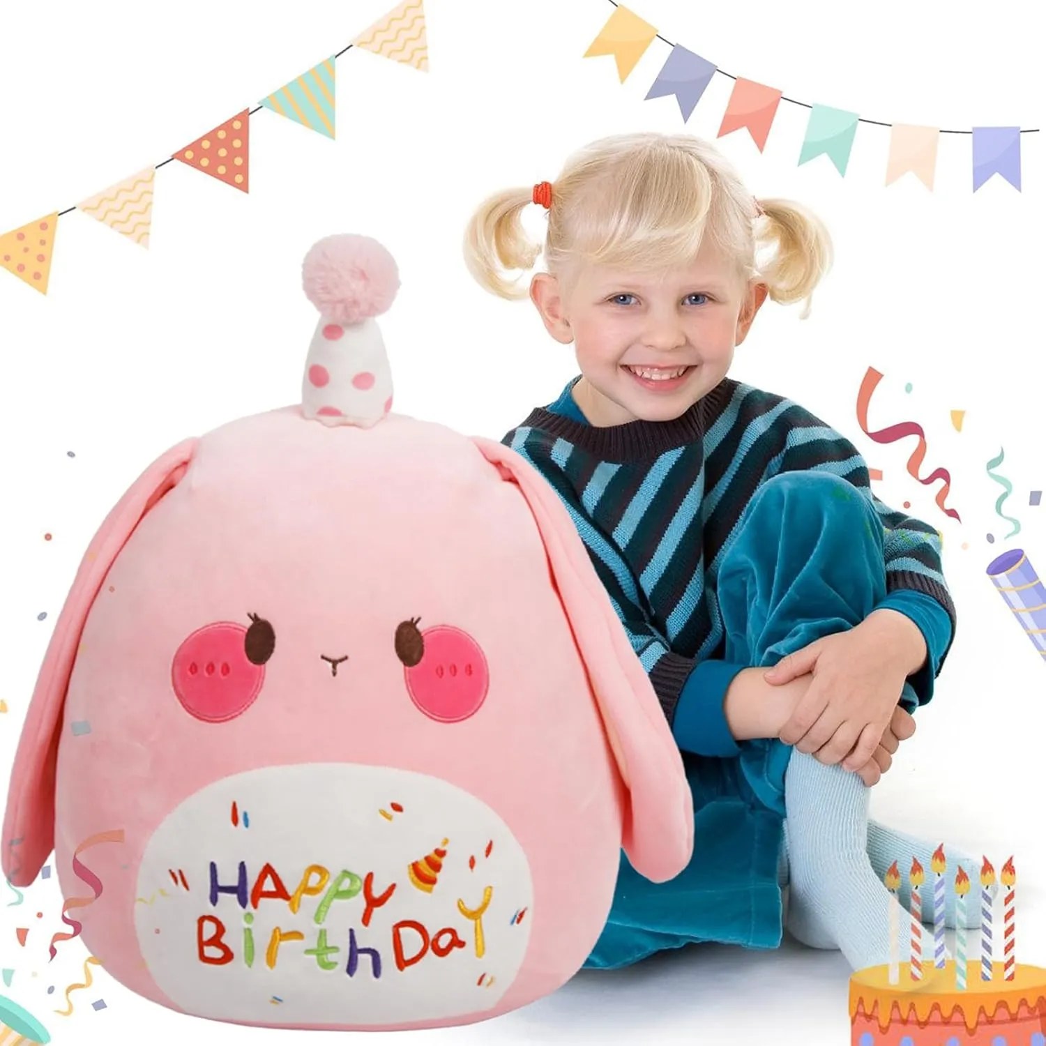 ARELUX Jumbo 18in Cute Bunny Cuddle Plush Soft Stuffed Animal Large Birthday Pillow Kids Huggable Rabbit Plushie Toy Big Size Happy Birthday Party Decoration Plushies Gift for Friends Boys Girls Pink