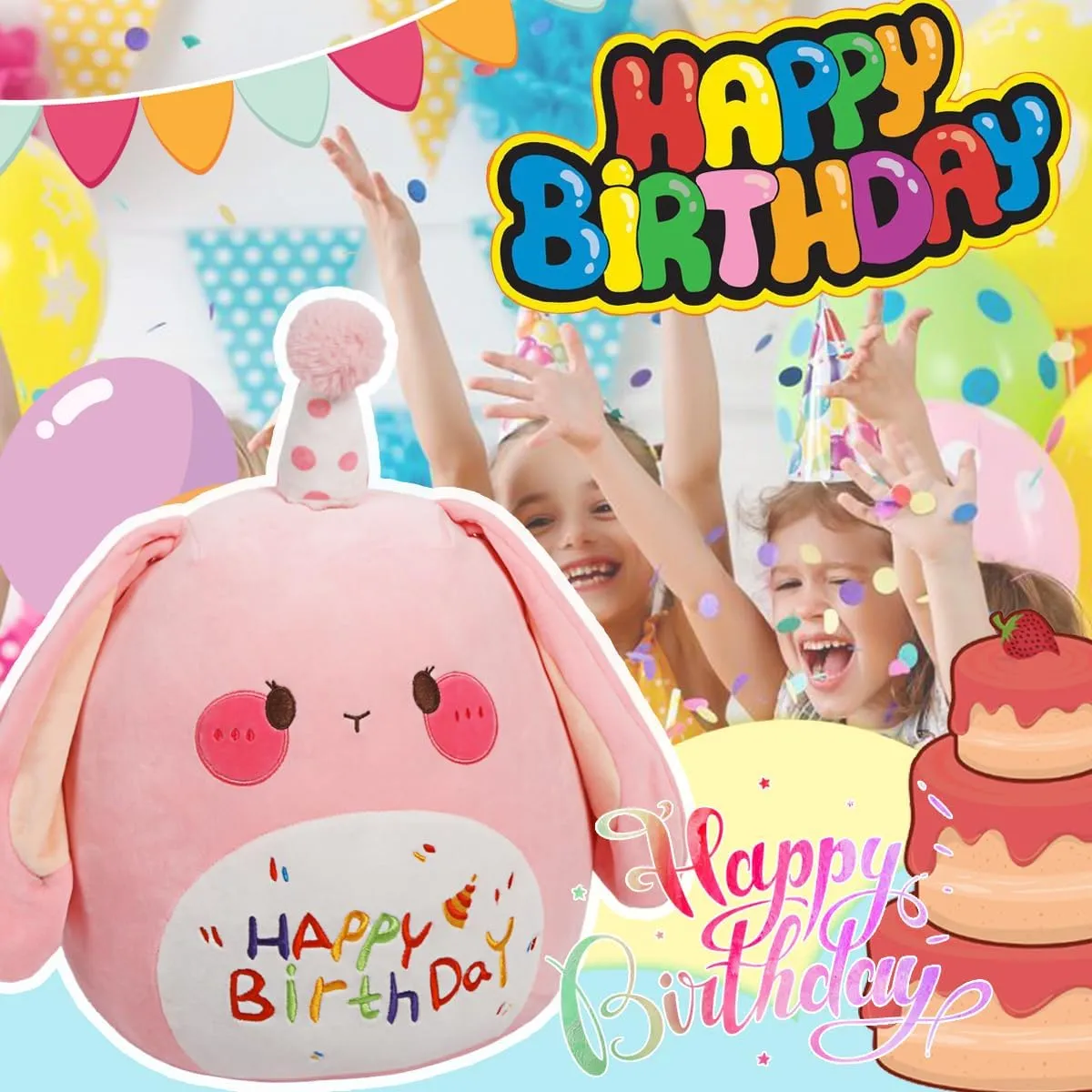 ARELUX Jumbo 18in Cute Bunny Cuddle Plush Soft Stuffed Animal Large Birthday Pillow Kids Huggable Rabbit Plushie Toy Big Size Happy Birthday Party Decoration Plushies Gift for Friends Boys Girls Pink