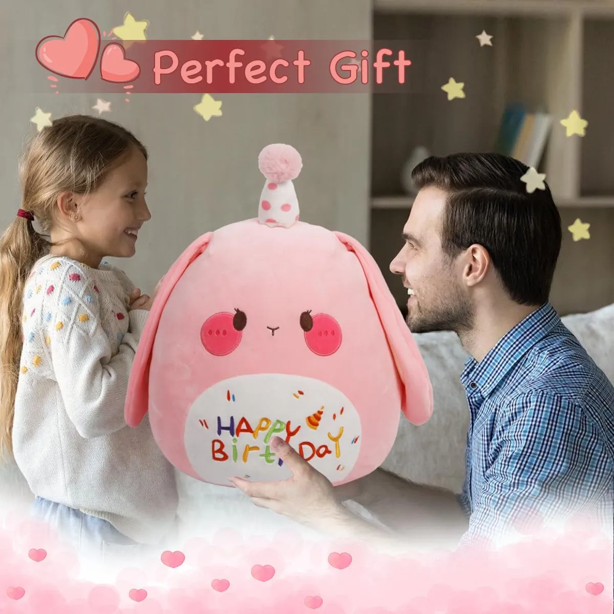 ARELUX Jumbo 18in Cute Bunny Cuddle Plush Soft Stuffed Animal Large Birthday Pillow Kids Huggable Rabbit Plushie Toy Big Size Happy Birthday Party Decoration Plushies Gift for Friends Boys Girls Pink