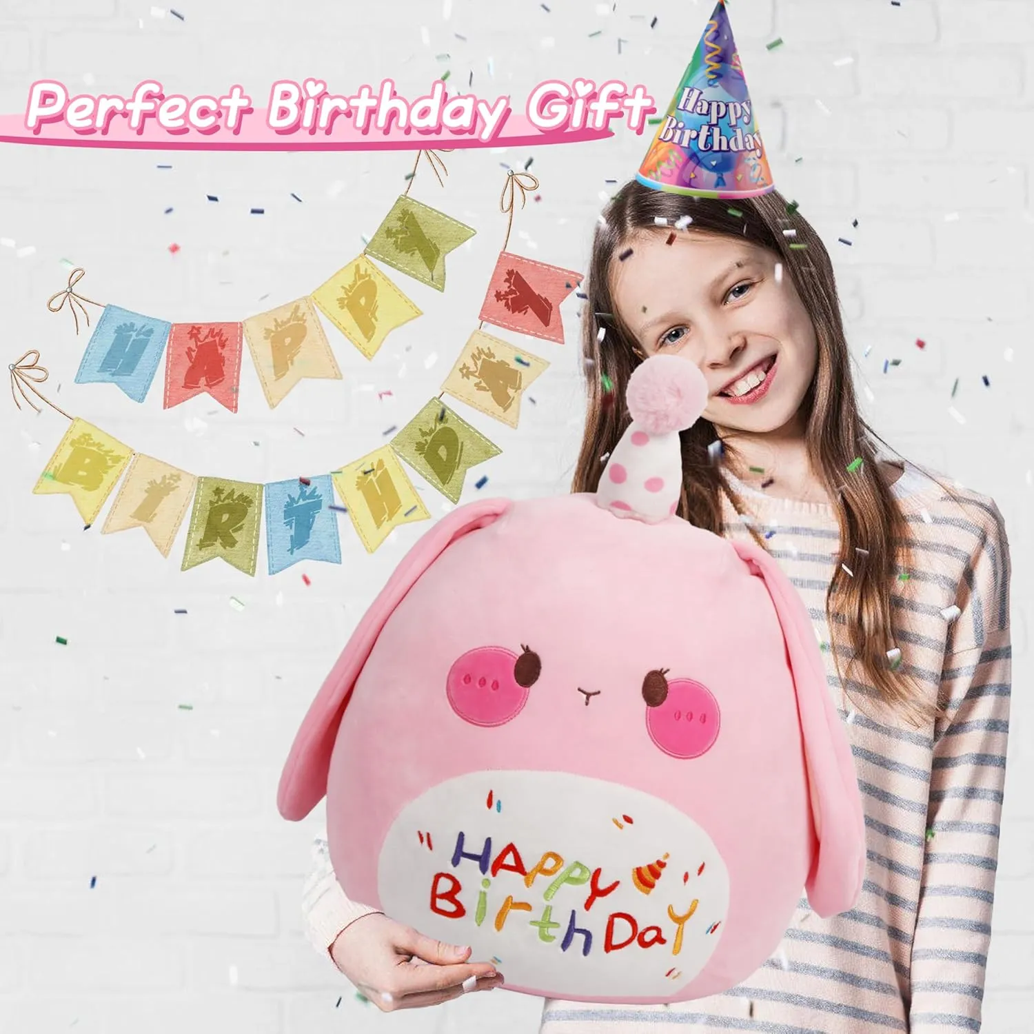 ARELUX Jumbo 18in Cute Bunny Cuddle Plush Soft Stuffed Animal Large Birthday Pillow Kids Huggable Rabbit Plushie Toy Big Size Happy Birthday Party Decoration Plushies Gift for Friends Boys Girls Pink