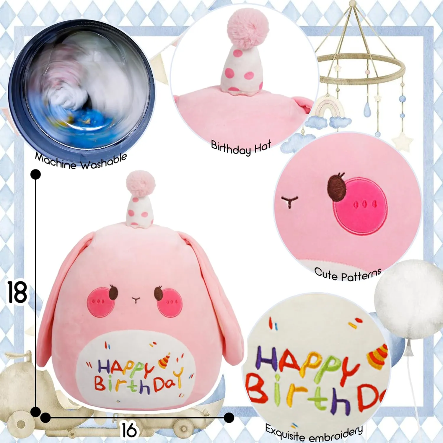 ARELUX Jumbo 18in Cute Bunny Cuddle Plush Soft Stuffed Animal Large Birthday Pillow Kids Huggable Rabbit Plushie Toy Big Size Happy Birthday Party Decoration Plushies Gift for Friends Boys Girls Pink