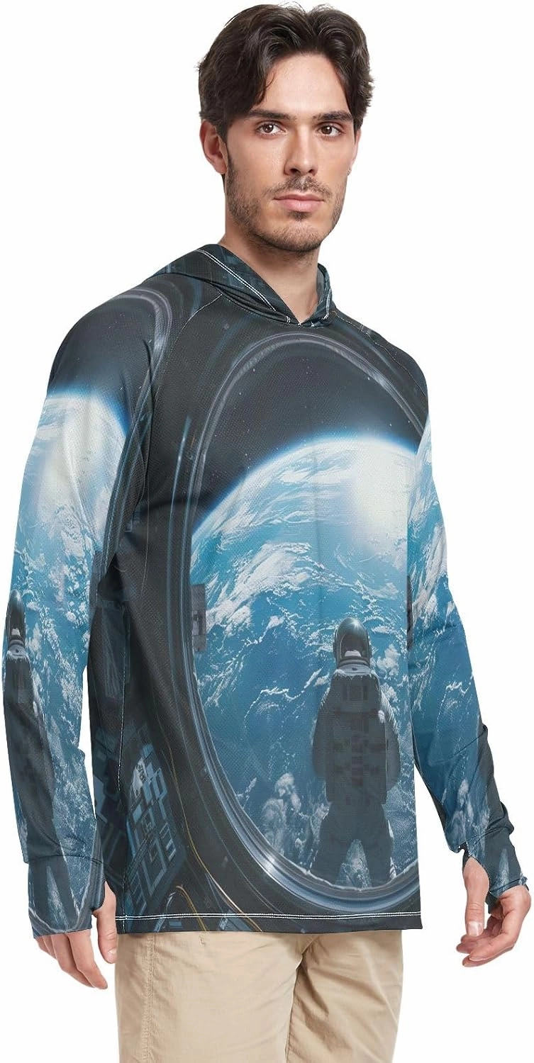Astronaut Colorful Planets Mens Shirts UPF 50 , Cooling Shirt, Hooded Fishing Shirts for Men Long Sleeve