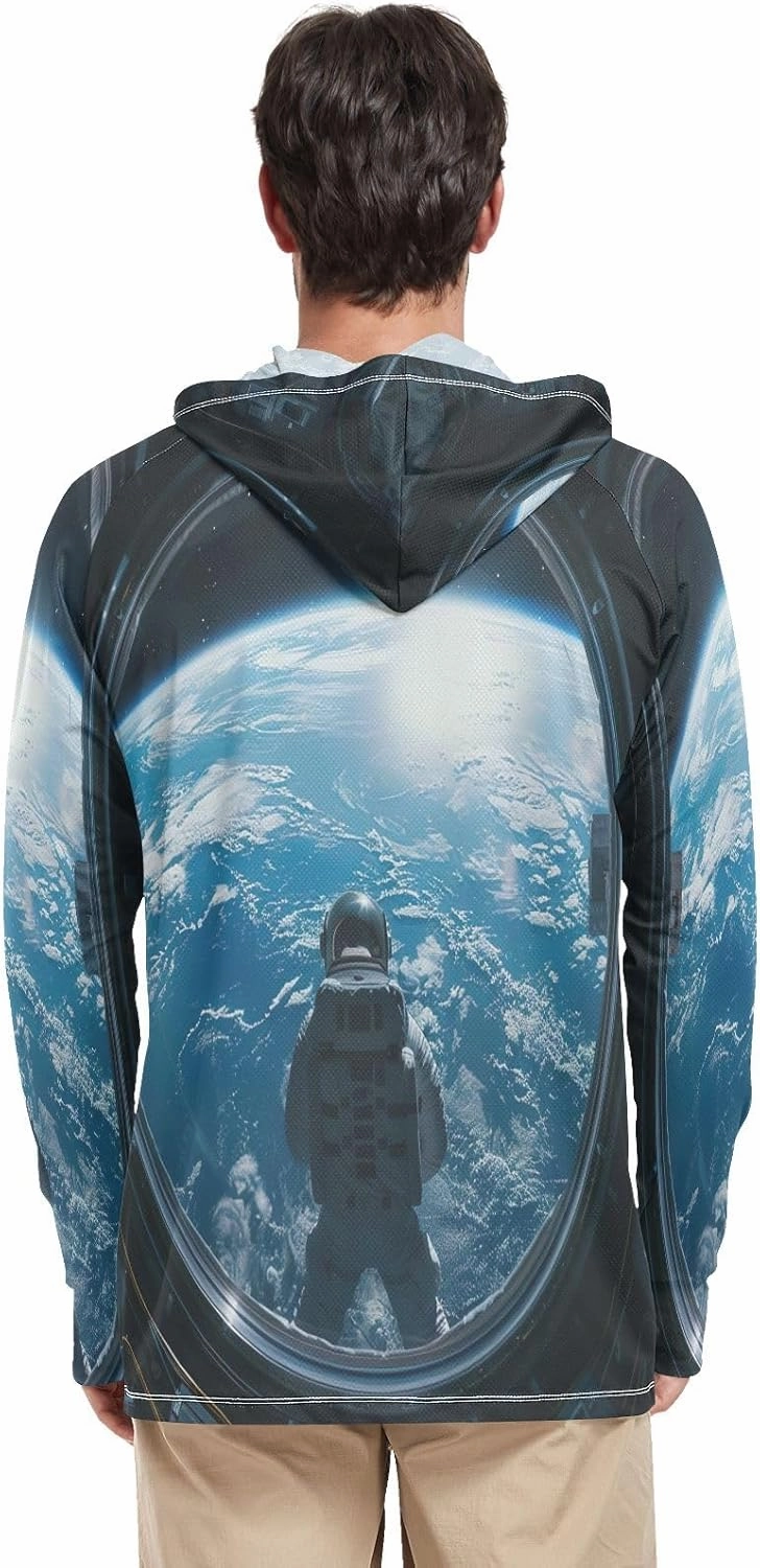 Astronaut Colorful Planets Mens Shirts UPF 50 , Cooling Shirt, Hooded Fishing Shirts for Men Long Sleeve