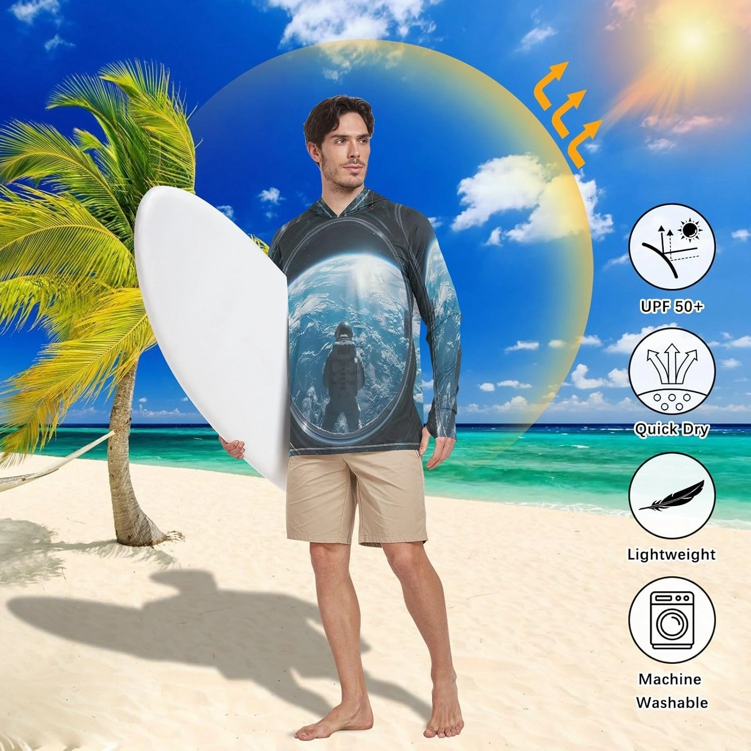 Astronaut Colorful Planets Mens Shirts UPF 50 , Cooling Shirt, Hooded Fishing Shirts for Men Long Sleeve