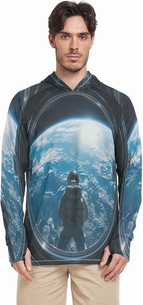 Astronaut Colorful Planets Mens Shirts UPF 50 , Cooling Shirt, Hooded Fishing Shirts for Men Long Sleeve