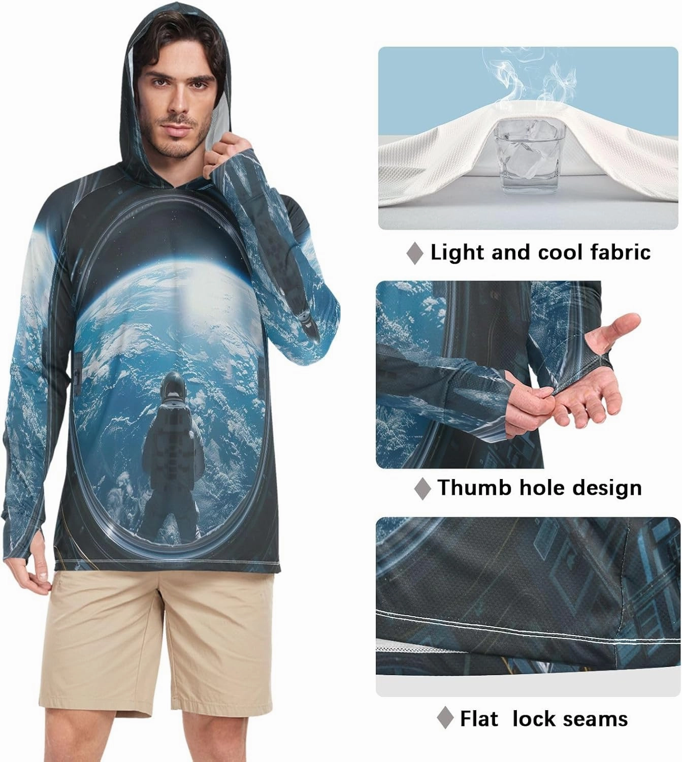 Astronaut Colorful Planets Mens Shirts UPF 50 , Cooling Shirt, Hooded Fishing Shirts for Men Long Sleeve