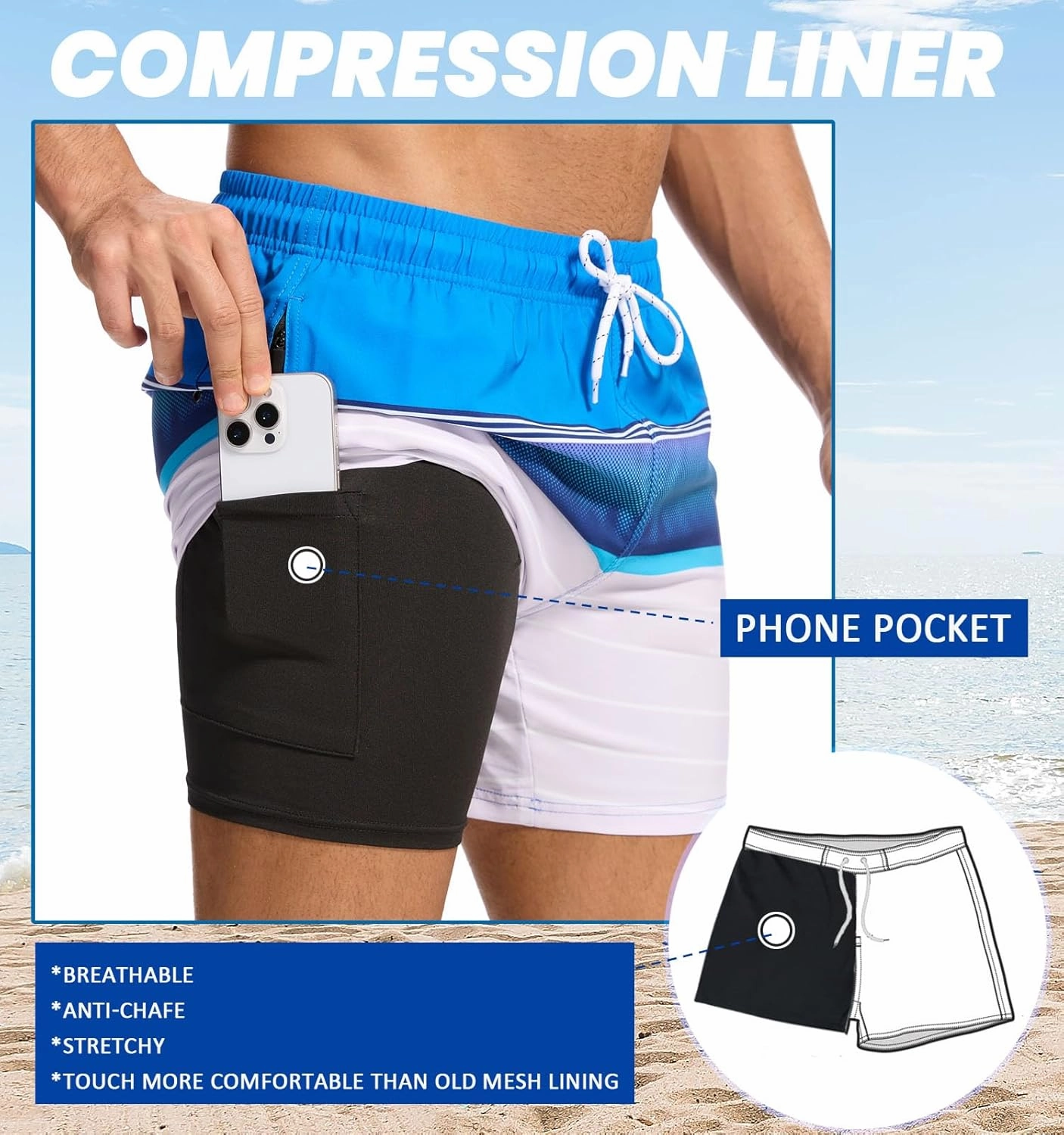 Aueyan Mens Swim Trunks 5.5 inch with Compression Liner Zipper Pockets,Quick Dry Swimsuit Trunks Funny Beach Board Shorts